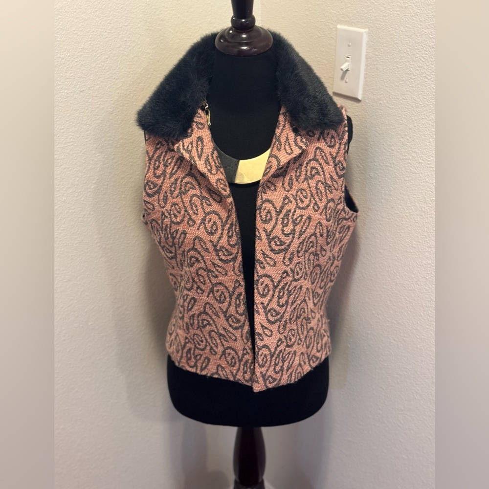 Bob Mackie Vest Removable Fur Collar Maybe Black Printed Size 8